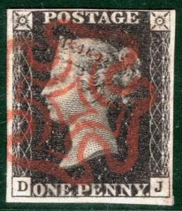 GB PENNY BLACK QV 1840 Stamp SG.2 1d Plate 2 (DJ) Superb Red MX Cat £375 REDB78