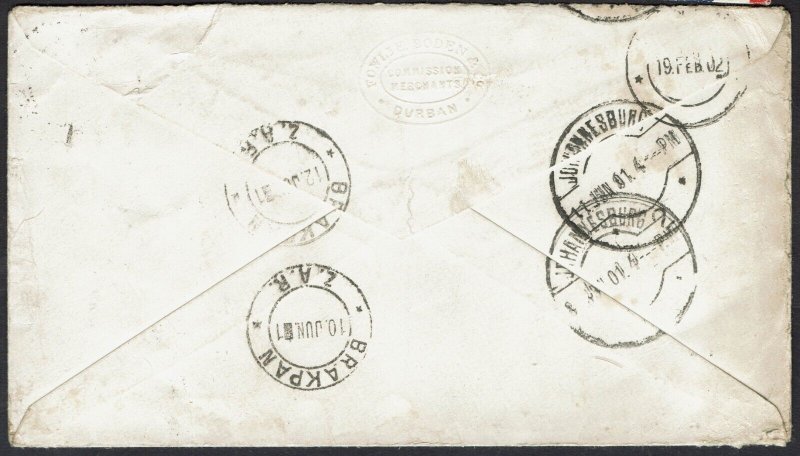 NATAL 1901 BOER WAR QV CENSOR COVER TO TRANSVAAL