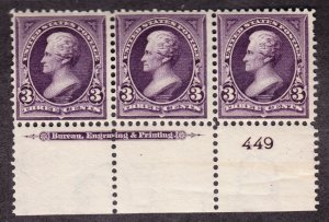 US 268 3c Jackson Bottom Plate #449 Strip of 3 F-VF OG NH SCV $400