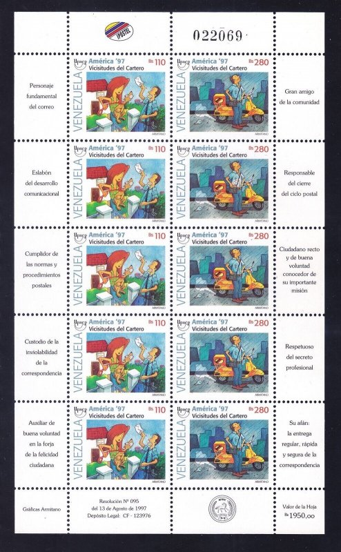 Venezuela (1574a) 1573-74 MNH 1997 Unexpected Adventures of Postman Sheet of 10