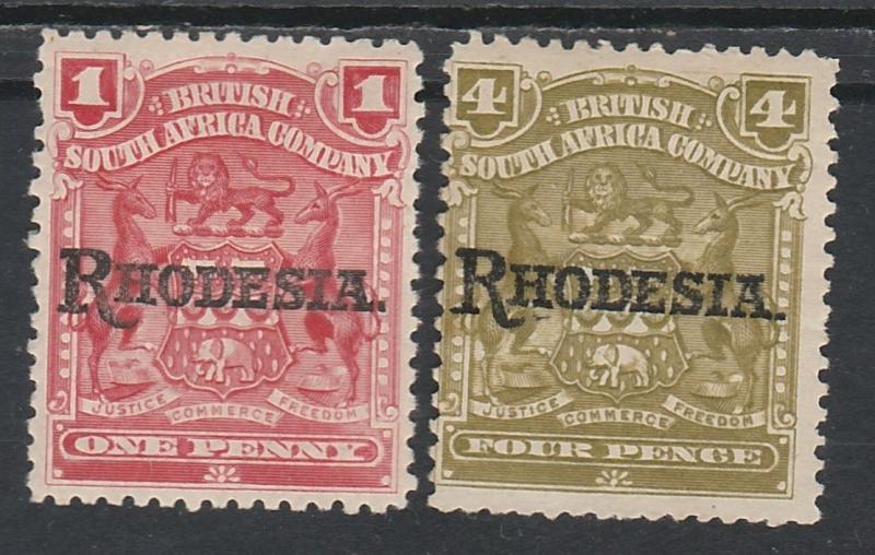 RHODESIA 1909 RHODESIA OVERPRINTED ARMS 1D AND 4D