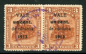 Nicaragua 1912 Zeleya Railroad Issue 1¢/3¢ Orange Brown Sc 326 Pair VFU W951