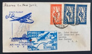 1939 Azores Portugal First Flight Airmail Cover FFC To Letonia NJ Usa