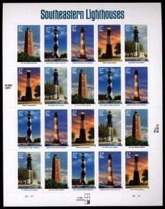 (I) USA Scott #3787-3791 Southeastern Lighthouses Sheet of 20 Stamps  MNH