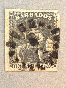 Barbados 9 / 1859 1sh Black Britannia Stamp / Imperf / Fault
