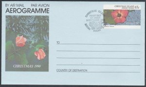 CHRISTMAS IS 1990 65c flowers pictorial aerogramme - First Day pmk .........L184