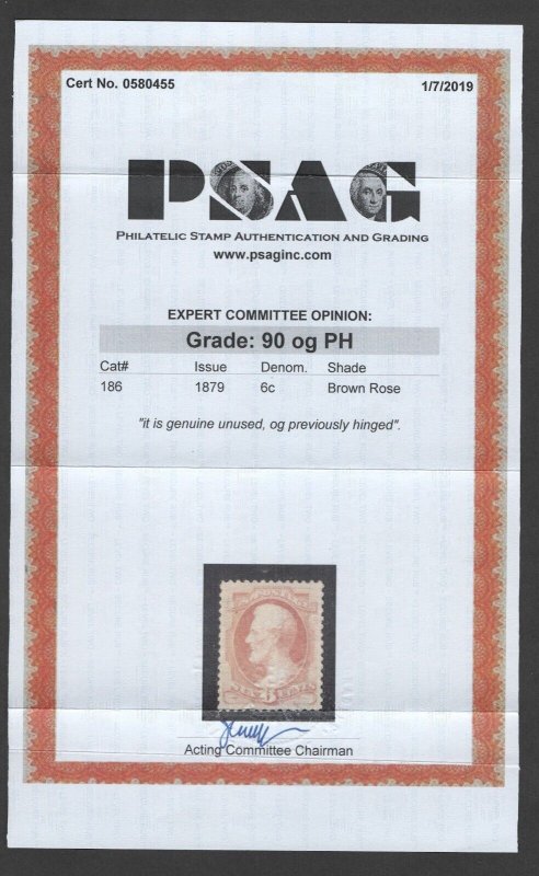 SCOTT #186 - MINT - XF-90 - OGlh - w/PSAG Certificate