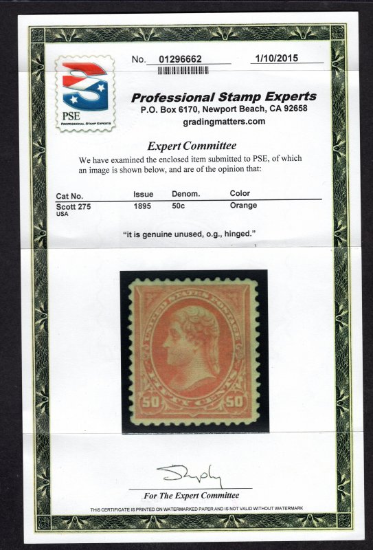 US #275 Fine/Very Fine. Original Gum. Lightly Hinged. w/Cert