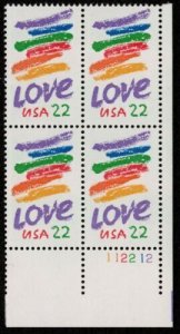 1985 Love Plate Block Of 4 22c Postage Stamps, Sc# 2143, MNH, OG