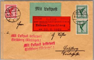 1927 Neisse Germany Air mail FFC First Flight cover To Hirschberg