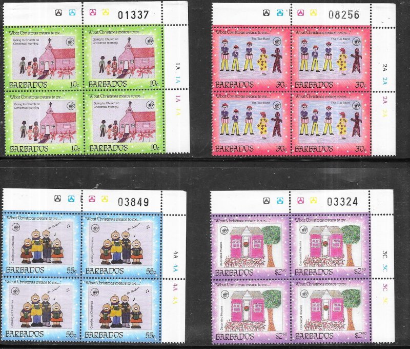 Barbados  #926-929 Christmas A set of four margin blocks  (MNH)  CV $20.00