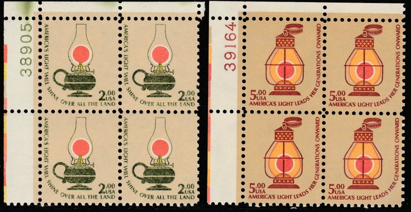 U.S. 1611-1612, $2 & $5 KEROSENE LAMPS PL# BLOCKS OF FOUR.. MINT, NH. VF (29)