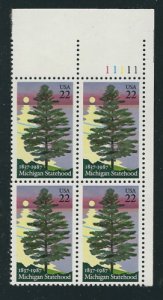 1987 Michigan Statehood Plate Block of 4 22c Postage Stamps, Sc# 2246, MNH, OG