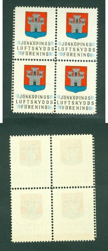 Sweden. Poster Stamp MNH. 4-Block WWII. Jonkopings Airdefence Assoc. Coats,Arms 