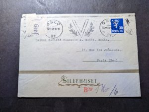 1941 Censored Norway WWII Civil Mail Cover Oslo to Paris 2e France