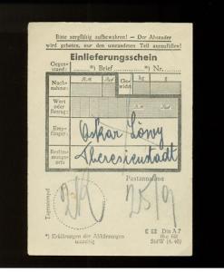 Germany Theresienstadt Ghetto Parcel post receipt Oskar Lowy KZ