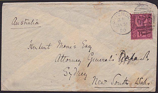 GB 1890 cover with QV 6d Jubilee Portsmouth to Sydney Australia.............6417