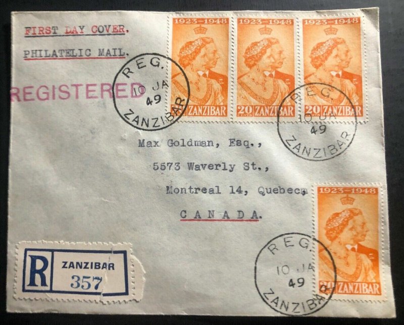 1949 Zanzibar First Day cover FDC To Montreal Canada Royal silver Weeding KGVI