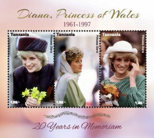 Tanzania 2017 - Princess Diana 20 Years in Memoriam - Sheet of 3 Stamps - MNH