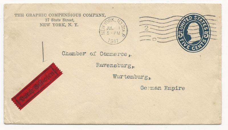 US ADV COVER Scott #U418 to Germany Aux Marking July 1, 1911 New York, NY