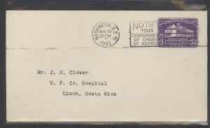 US U526 1932 3c mt. vernon pre-stamped envelope paying the 3c pan american union treaty rate on this sent to costa rica, note: c