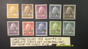 Christmas Island 1958 Scott# 1-10 complete Hinged set of 10 (6 cent small thin)