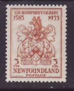 Newfoundland-Sc#214- id20-unused og VLH 3c yellow brown Coat-of-Arms-1933-