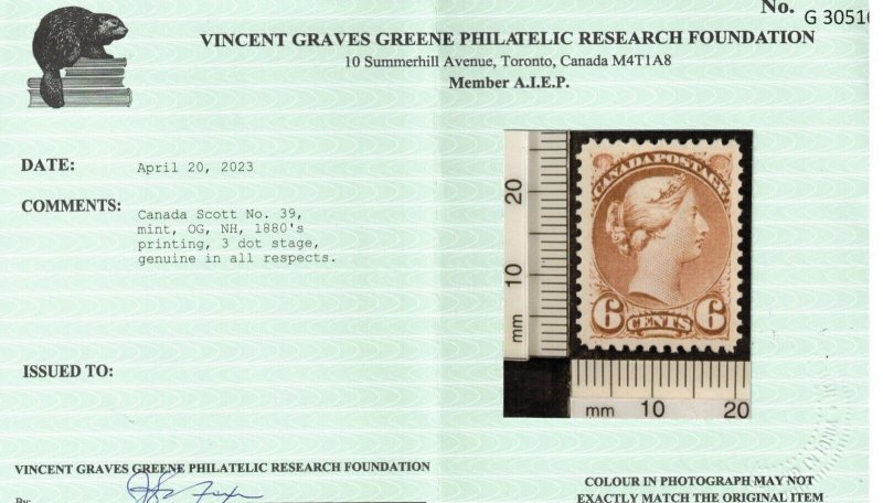 Canada #39 Extra Fine Never Hinged **With Certificate**