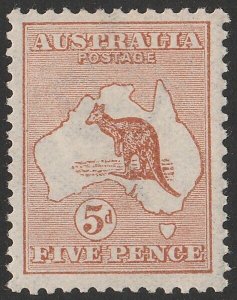 AUSTRALIA 1913 Kangaroo 5d. SG 8 cat £100. ACSC 16A cat $250.