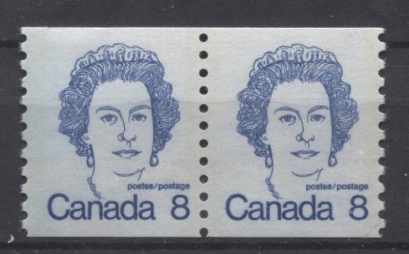 Canada #604iv 8c Royal Blue QE2 Caricature Coil Pair LF Paper Type 1 VF-75 NH