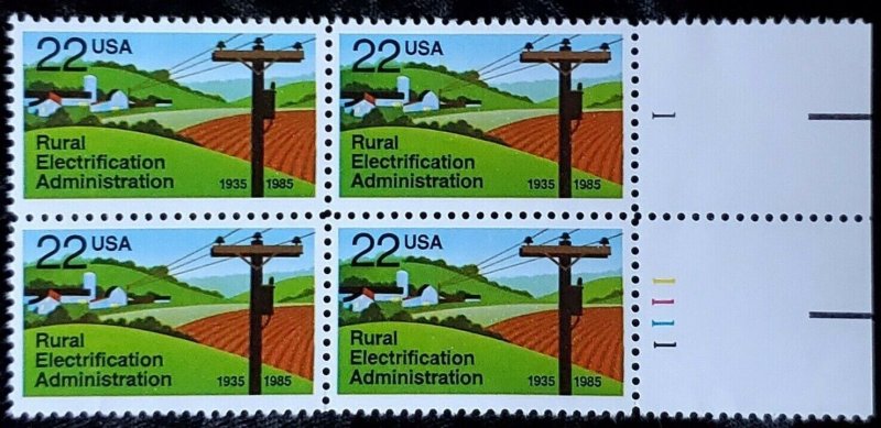 1985 Rural Electrification Admin Plate Block Of 4 22c Stamps, Sc#2144, MNH, OG