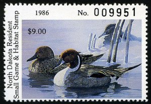 United States, Duck Hunting - State #ND44 Cat$20, North Dakota, 1986 $9 Pinta...