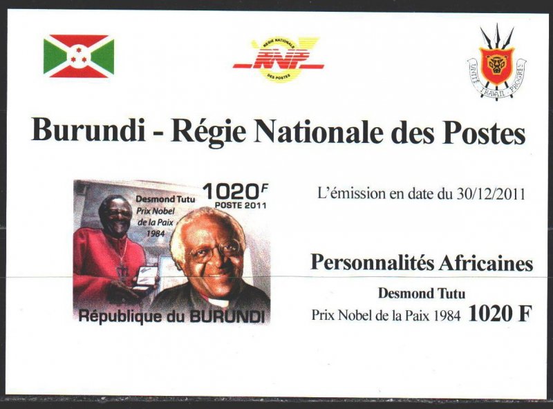 Burundi. 2011. black impression. Tutu, Nobel Peace Laureate. MNH.