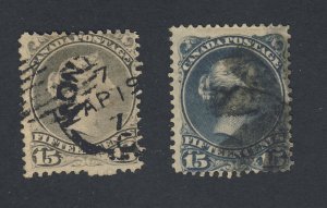 2x Canada Large Queen Used 15c Stamps;  #29-F & #30b Fine Guide Value = $70.00