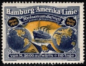 1912 Germany Poster Stamp Hamburg America Line Travel Around The World MNH