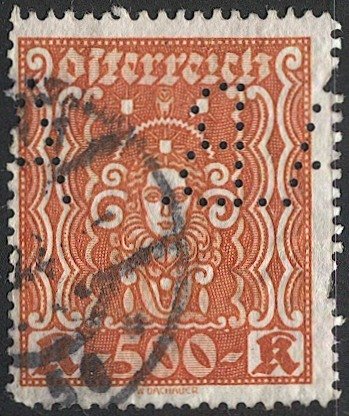 AUSTRIA 1922  Sc 293  500k  Used F-VF - A. B. Perfin, Art