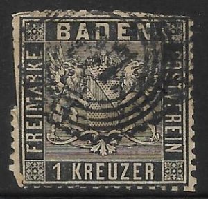 Baden - Scott #10 1Kr Black, Coat of Arms, Average - Used, SCV=$30.00