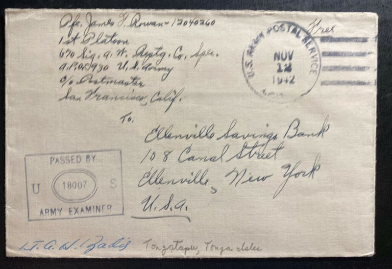 1942 Tonga Toga Island US Army Postal Service Censored Cover To Ellenvile USA