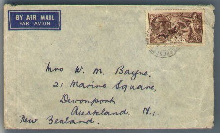 Great Britain 2/6 Seahorse SG450 used on cover as single 1938 to New Zealand