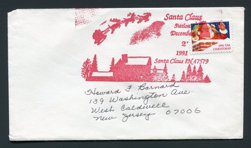 1991 Santa Claus, Indiana to West Caldwell, NJ Famous Christmas Pictorial Cancel