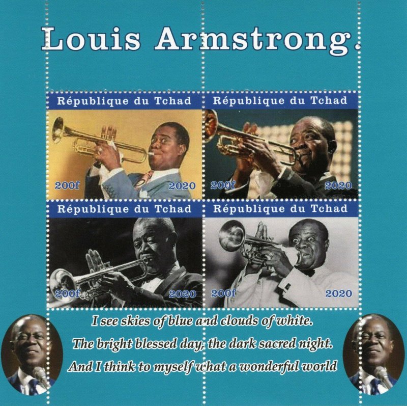 Chad Music Stamps 2020 MNH Louis Armstrong Musical Instruments Trumpets 4v M/S