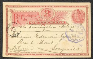 GUATEMALA H&G #4 POSTAL CARD GUATEMALA CITY TO SOIGNES BELGIUM 1894