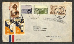 TURKEY 1254 // 1414 STAMPS MARKS & CLERK GALATA TO NY AIRMAIL COVER 1960