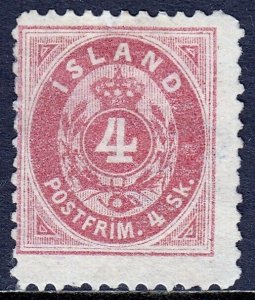 ICELAND — SCOTT 6 — 1873 4sk CARMINE NUMERAL P12½ — MH (REGUMMED) — SCV $1,600