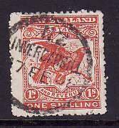 New Zealand-Sc#118- id8-used 1sh pale red Parrots-perf 14-Birds-dated FE 11 1908