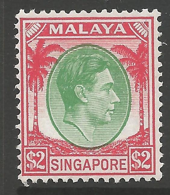 SINGAPORE SG14 1948 $2 GREEN & SCARLET p14 MTD MINT