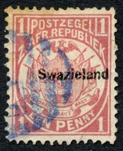 Swaziland SG1 1d carmine with Blue postmark Cat 30 pounds