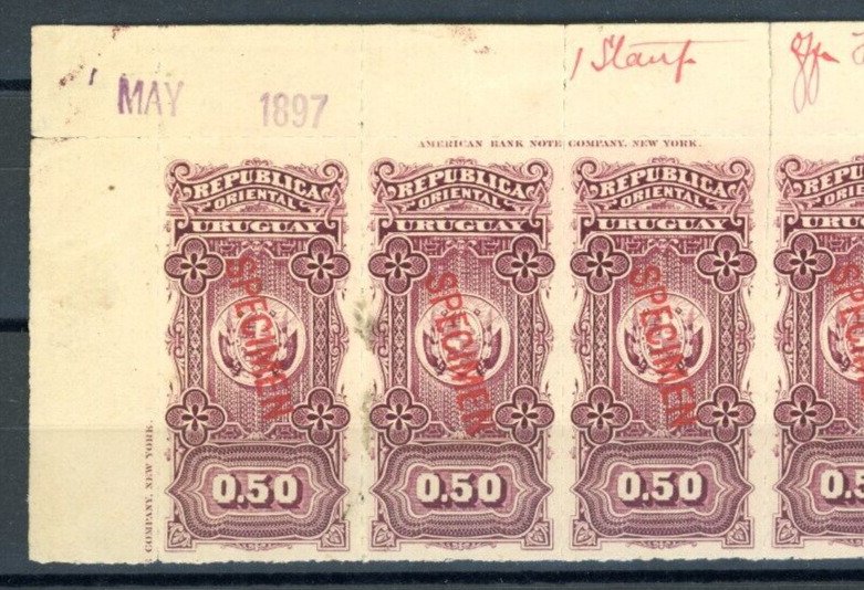 URUGUAY Revenues $0.50 ABNCo Specimen 1897 *REGISTRATION SHEET* Block{5} MNH ZS3