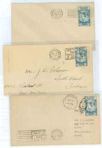 US 733 1933 3c byrd antarctic expedition II perf single on three addressed, uncacheted fdcs, with three different types of washi