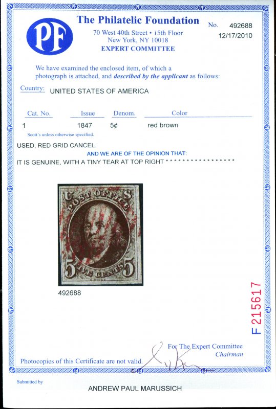 U.S. #1 USED WITH PF CERT RED GRID CANCEL TINY TEAR